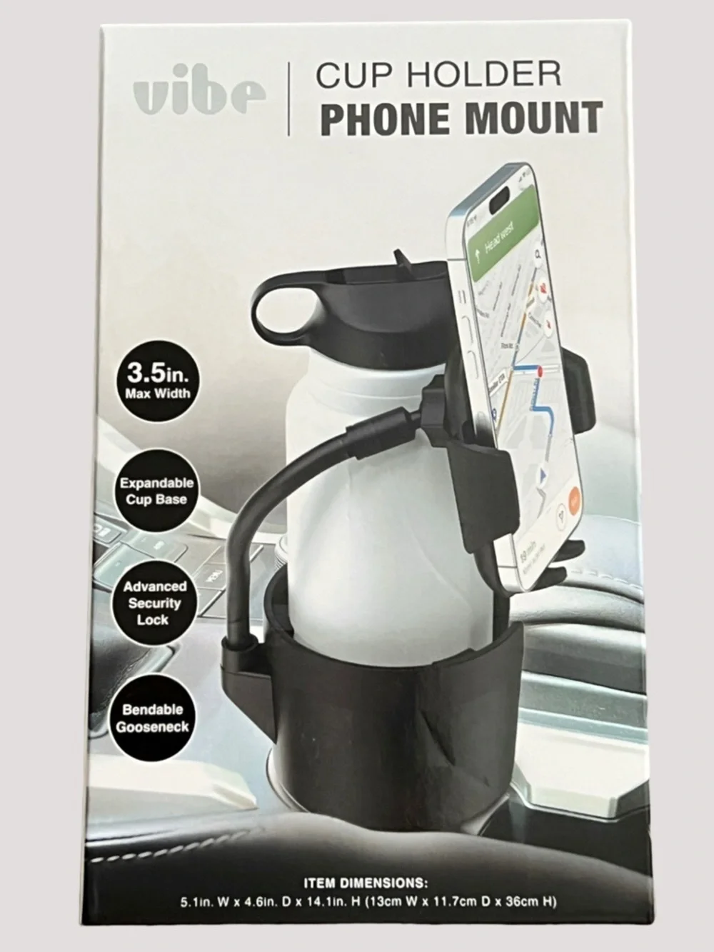 Vibe Black Cup Holder Phone Mount with Gooseneck- Up to 3.5 Width